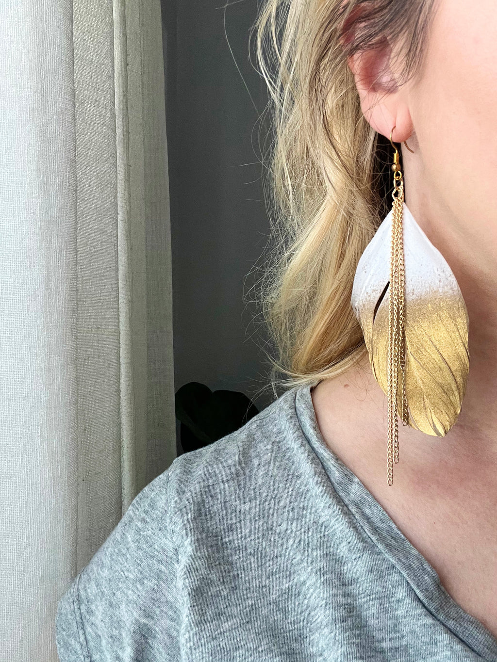 Gold & White Feather Earrings  image 1