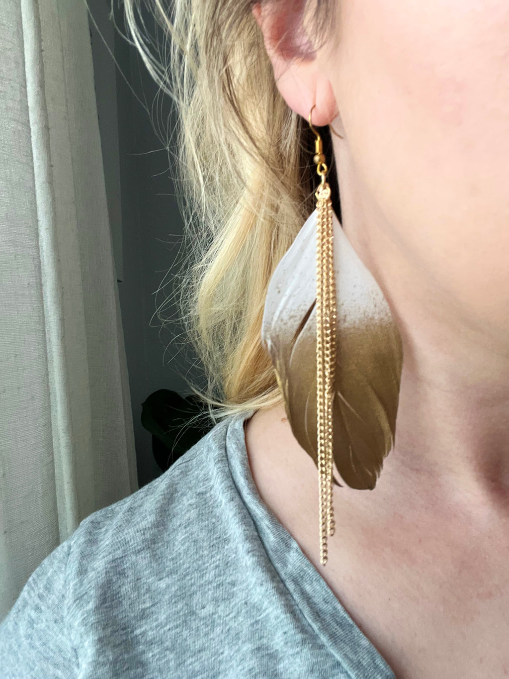 Gold & White Feather Earrings  image 0