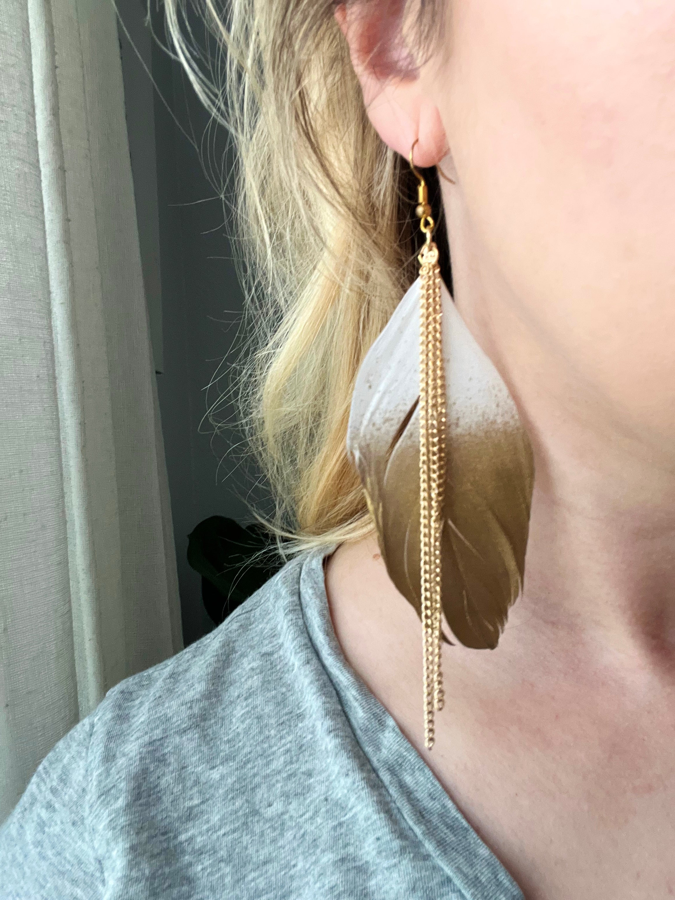 Gold & White Feather Earrings  image 0