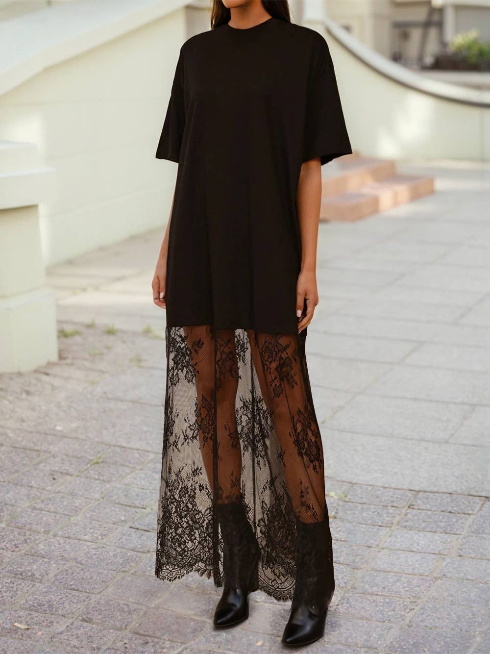 Floral Patchwork Short Sleeve T Shirt Loose Maxi Dress
