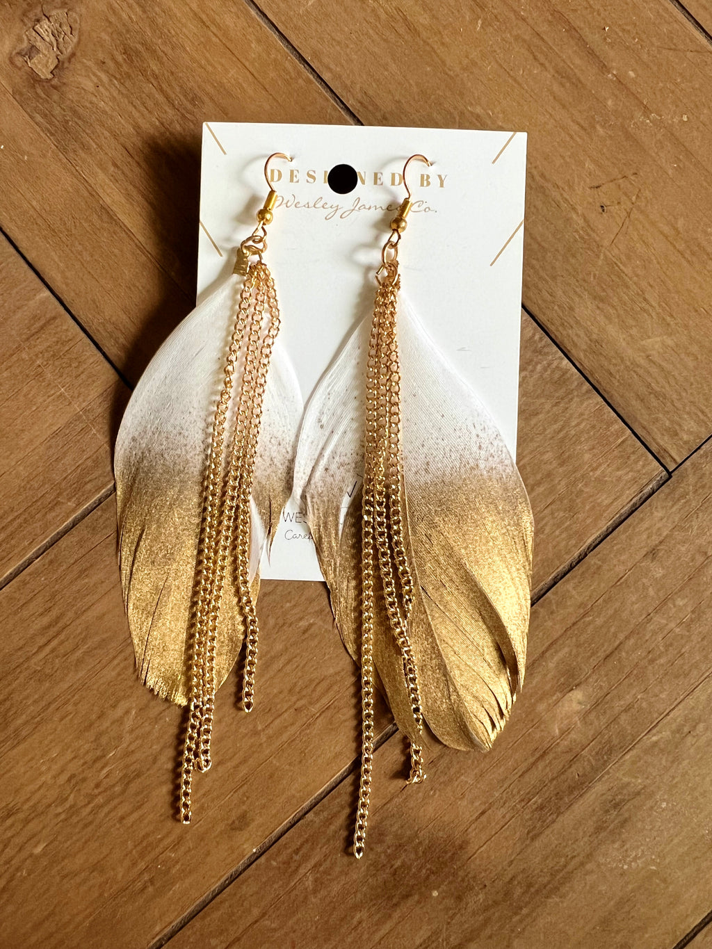 Gold & White Feather Earrings  image 3