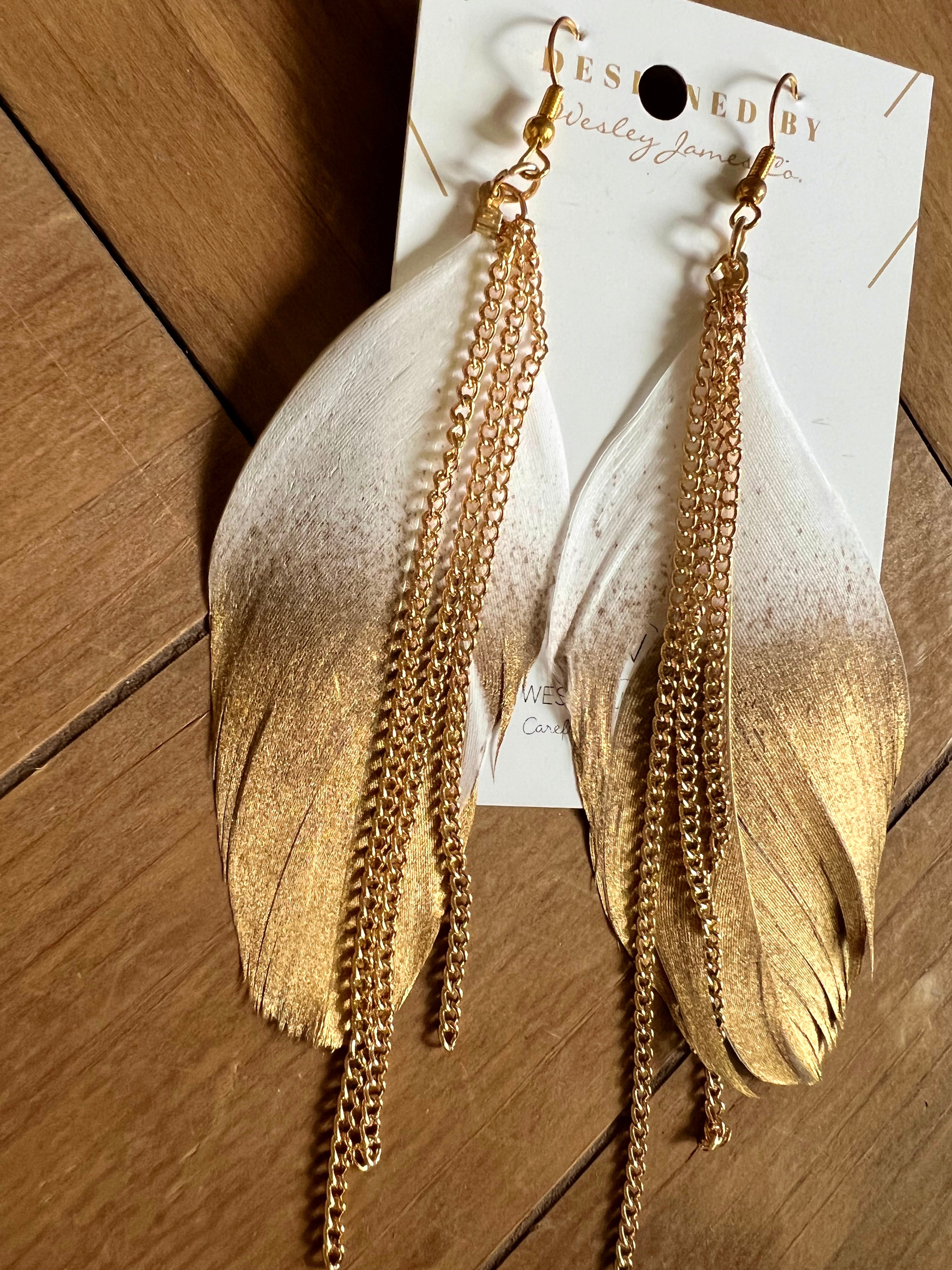Gold & White Feather Earrings  image 4