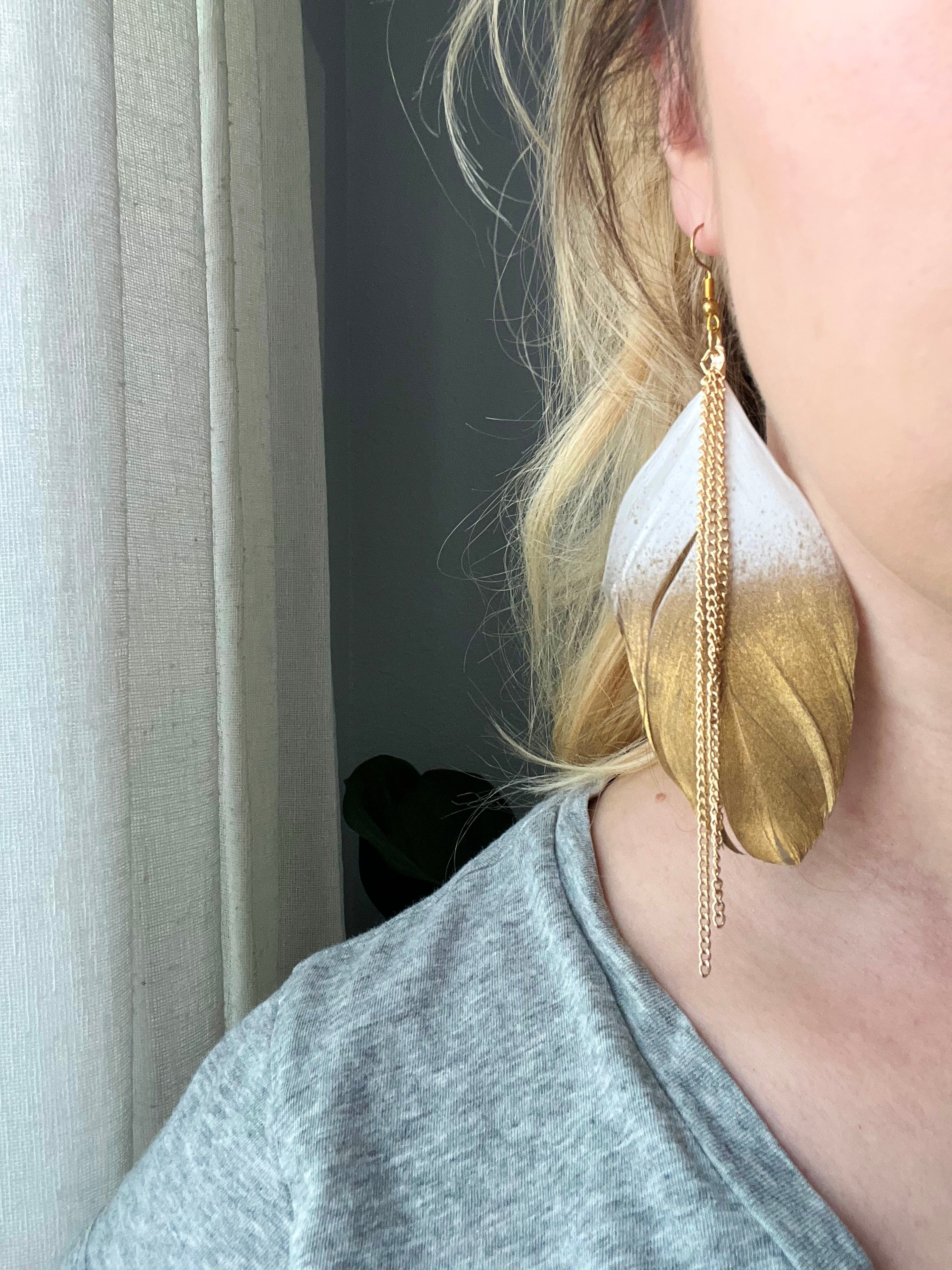 Gold & White Feather Earrings  image 2