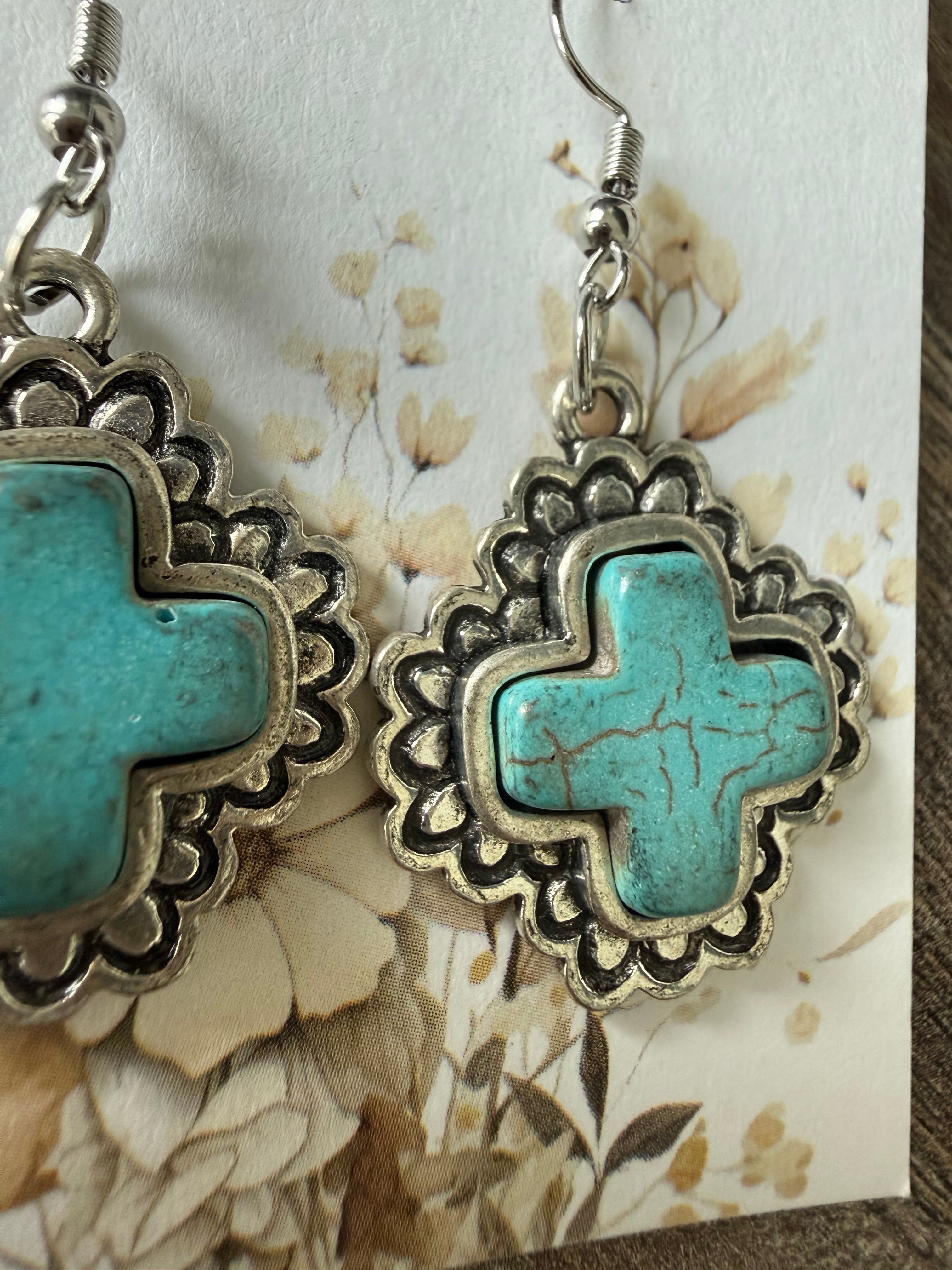 Turquoise Cross Drop Earrings