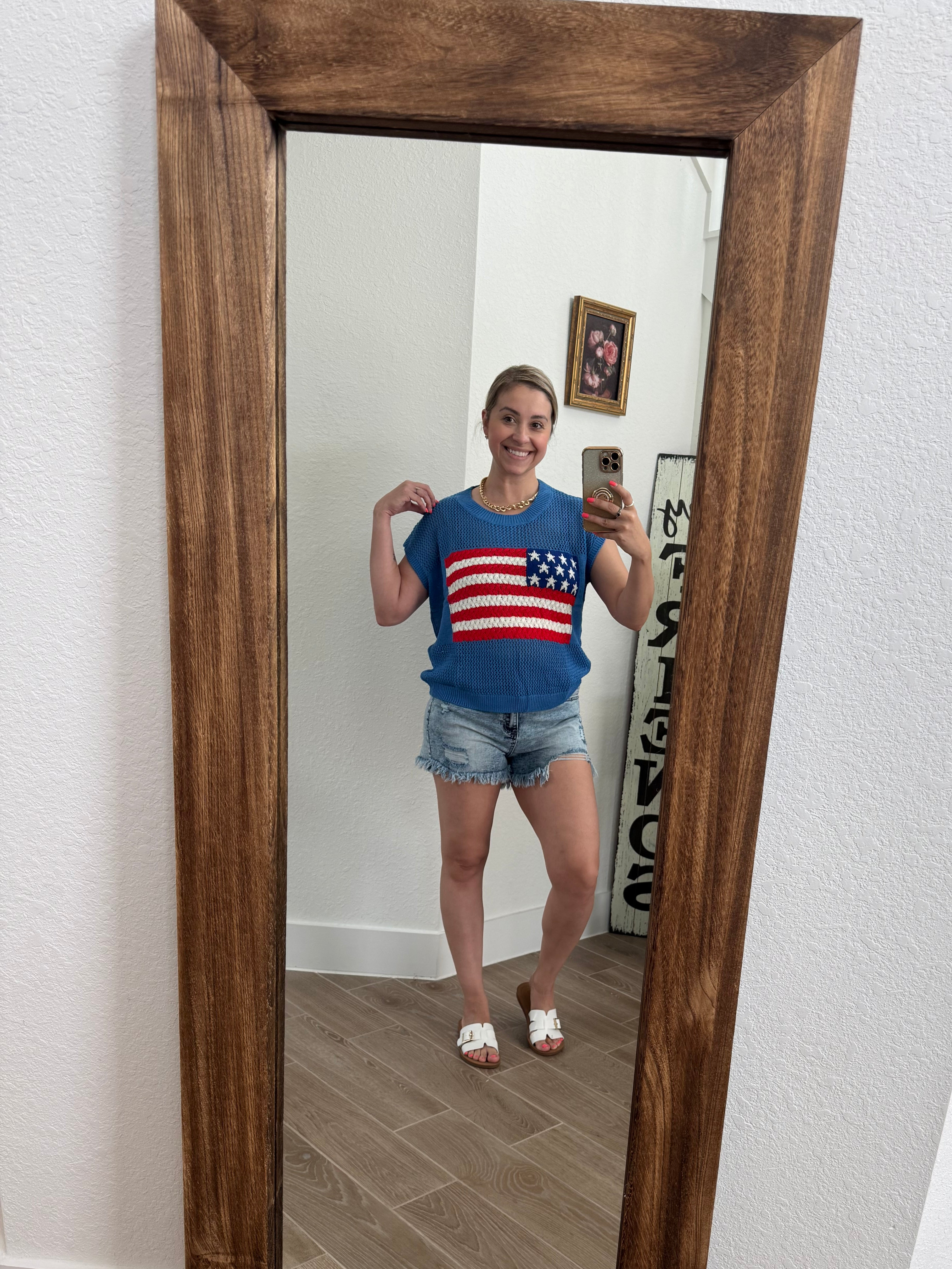 4th of July Flag  Short Sleeve Graphic Sweater Top