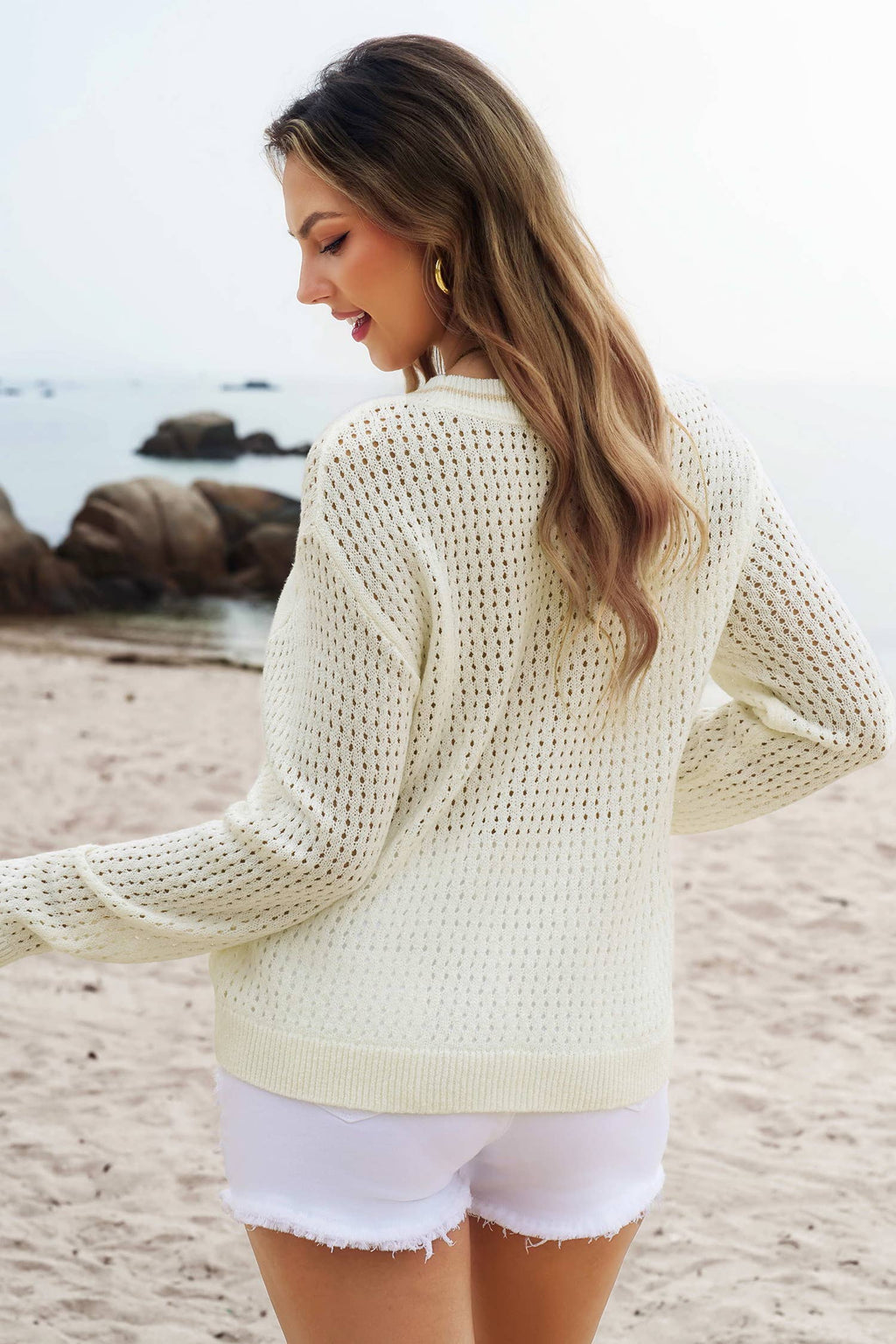 BEACH Hollow Out Knitted Lightweight Dolman Sweater