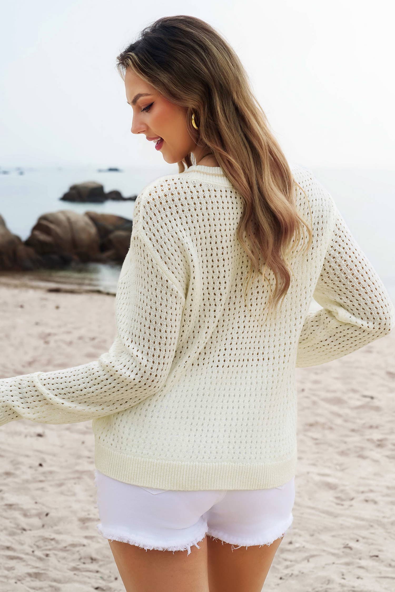 BEACH Hollow Out Knitted Lightweight Dolman Sweater